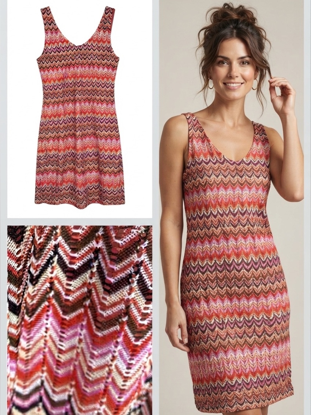 Romy Trrracotta Festival Tank Dress L Zig Zag Open Weave Lined Pink Orange Brown
